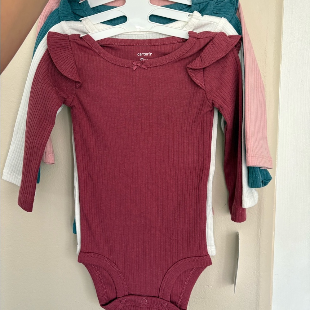 Carter's Burgundy Ribbed Long-Sleeve One-Piece with Ruffle Shoulders